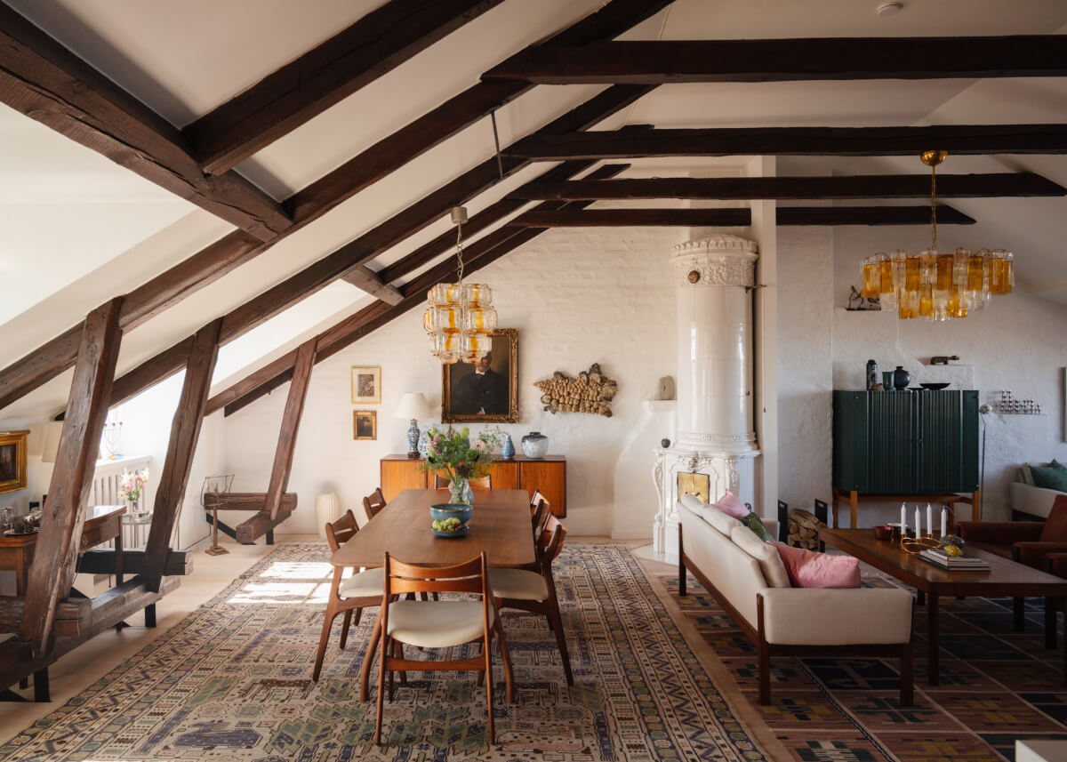 exposed beams fireplace swedish penthouse apartment