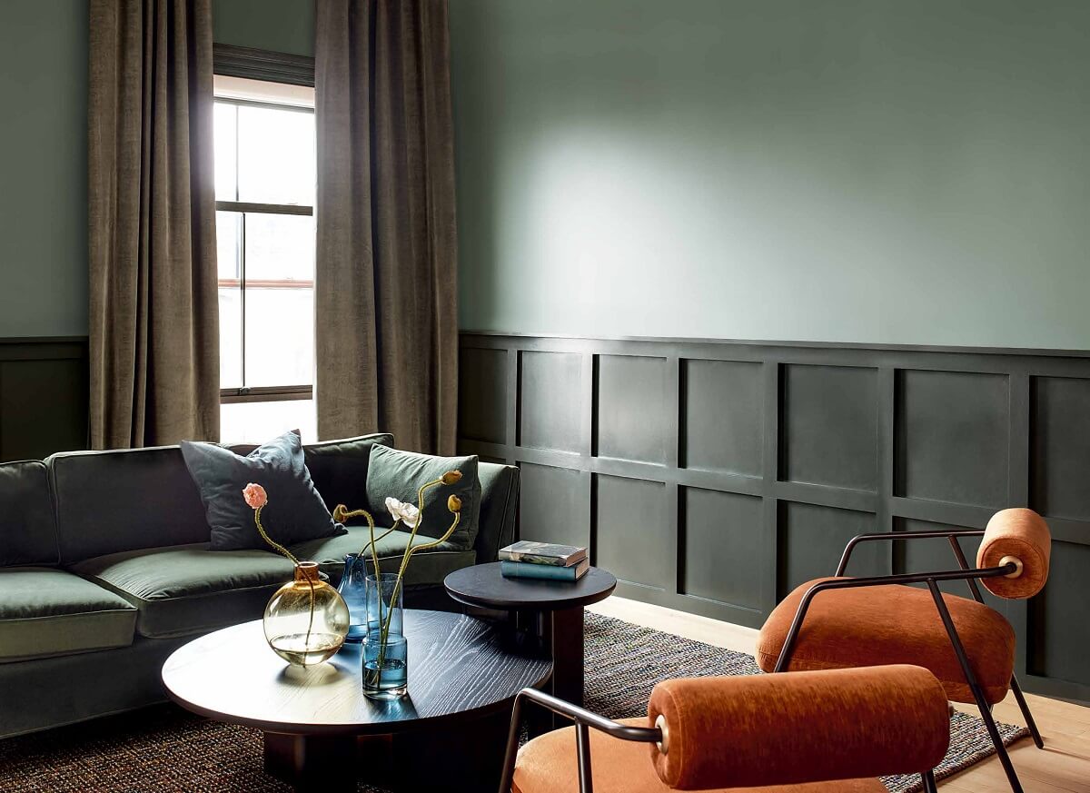 green living room benjamin moore color of the year 2025 cinnamon slate nordroom