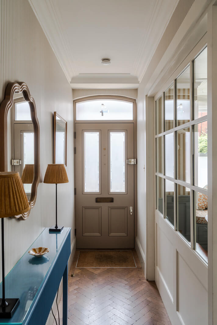hall herringbone floor striped wallpaper