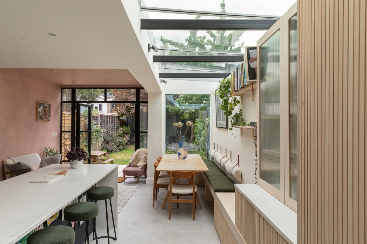 modern kitchen extension skylight dining table bench seating nordroom