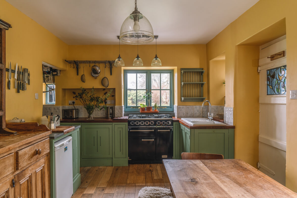 ochre yellow and green kitchen