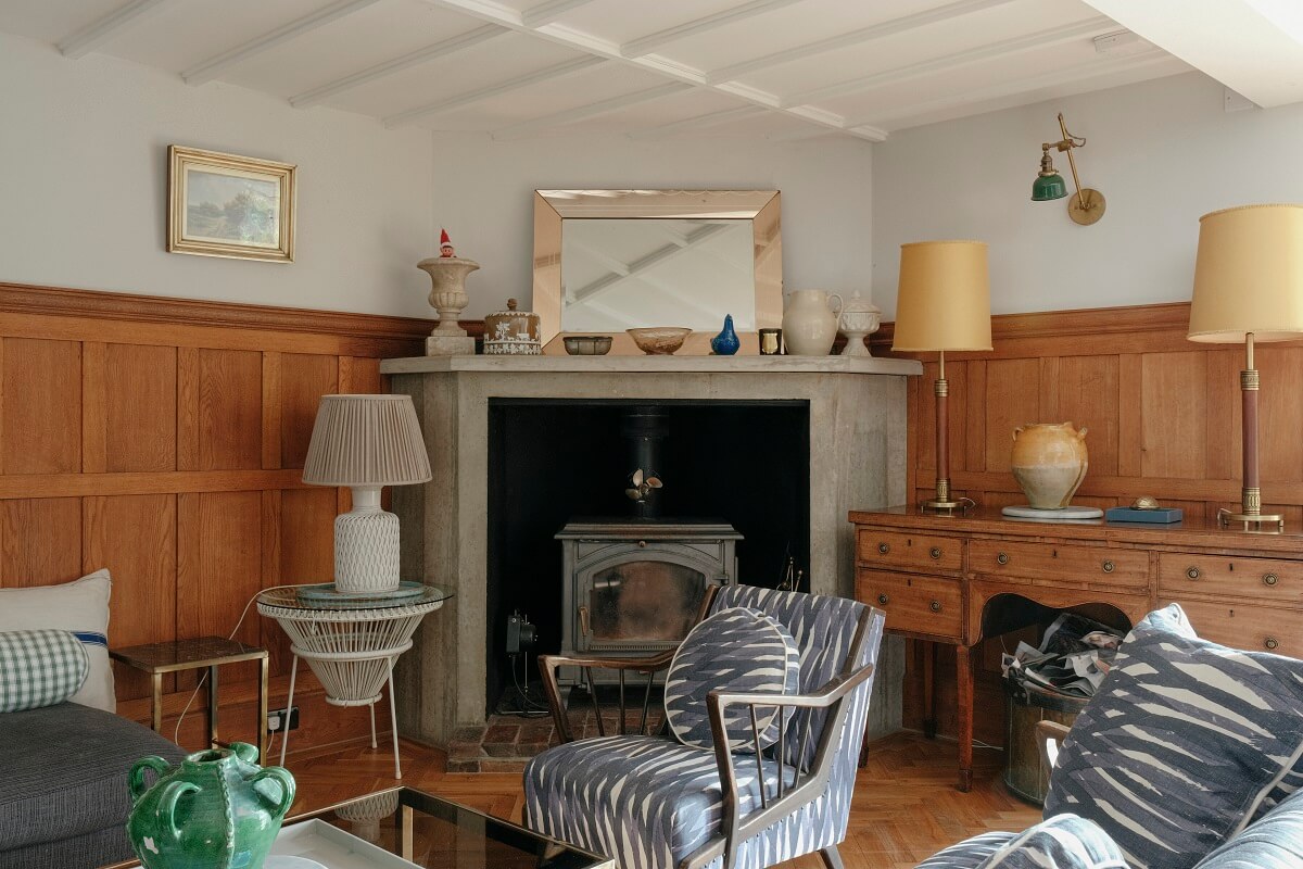 sitting room with fireplace and paneled walls