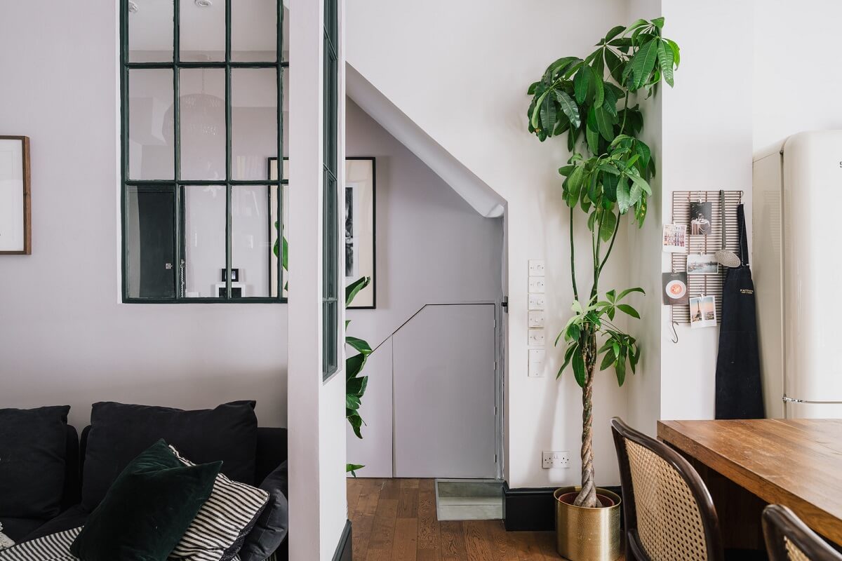 small open plan living space with indoor window