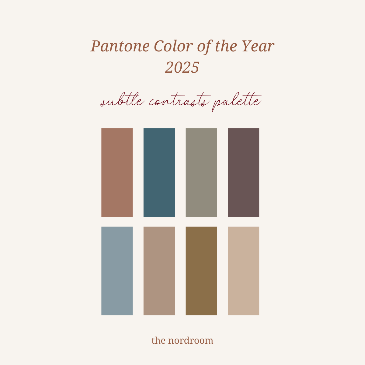 pantone suble constrasts color palette nordroom Pantone Color of the Year 2025: Mocha Mousse Interior Inspiration